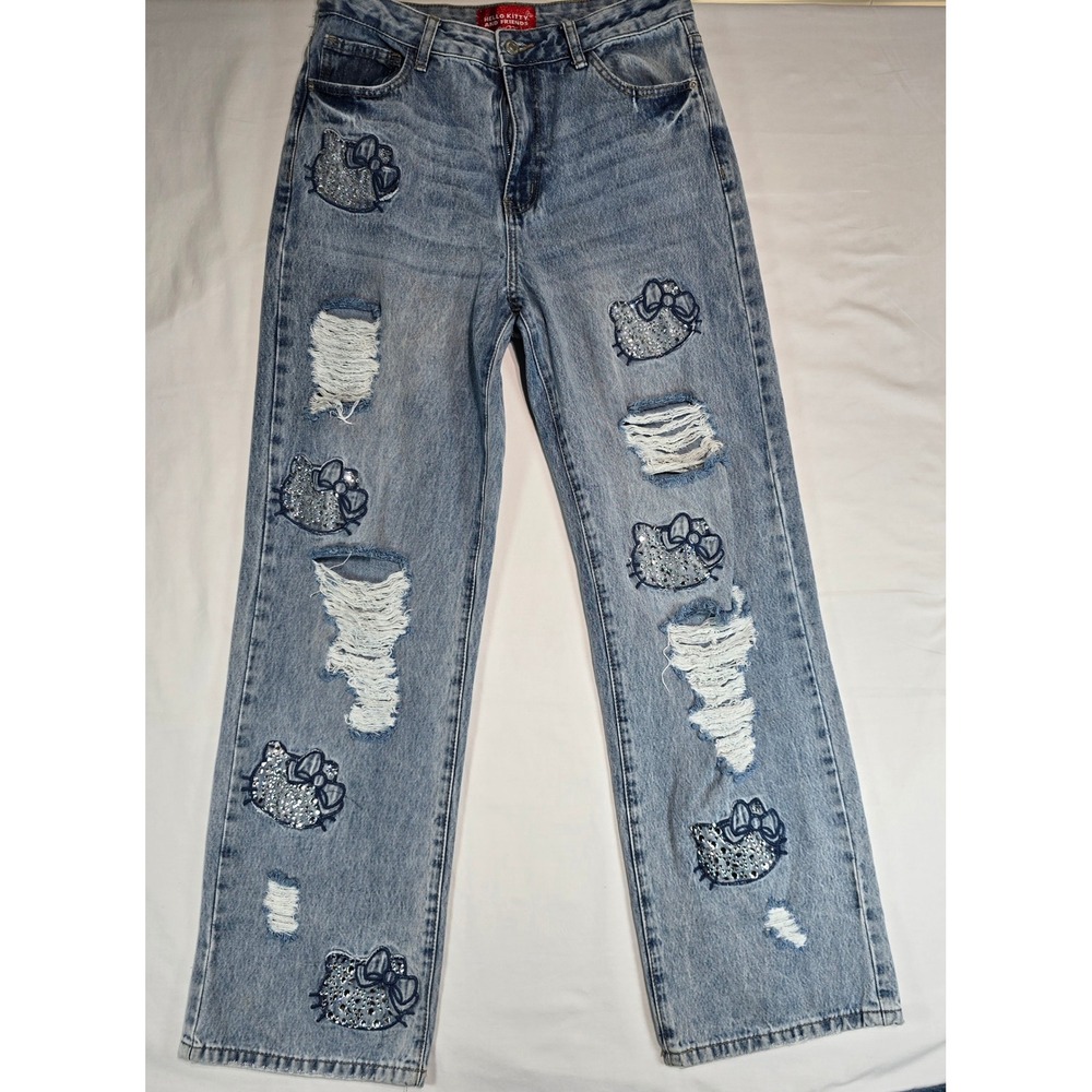 Forever 21 Hello Kitty Distressed Rhinestone Straight Leg Jeans Light Wash 29